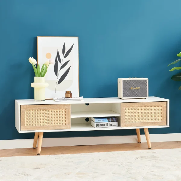 55.12"Rattan TV cabinet, double sliding doors for storage, adjustable shelf, solid wood legs, TV console for living room , White - MadeInUSA - Image 3
