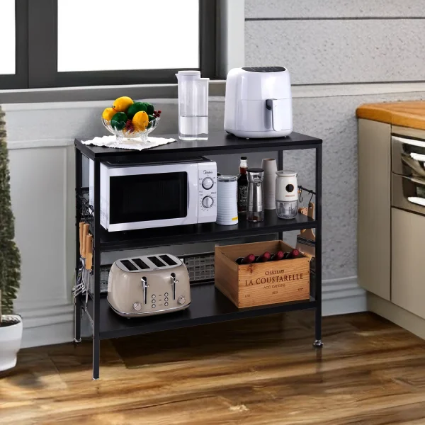 Cheflaud Rolling Kitchen Storage Cart Island with large open shelves and Large Worktop, 3-Tier Kitchen Baker's Rack with 10 Hooks, Stable Steel Structure and Easy Assembly, Rustic Brown - MadeInUSA - Image 9