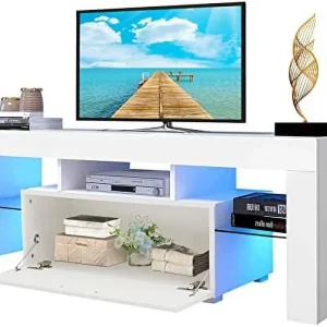 JYHOME TV Stand for 55+ 60 inch Tvs - White Morden TV Stand with LED Lights  High Glossy Entertainment Center with  Cabinet  LED Media Console Table Cabinet Desk for Living Room - MadeInUSA