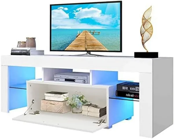 JYHOME TV Stand for 55+ 60 inch Tvs - White Morden TV Stand with LED Lights  High Glossy Entertainment Center with  Cabinet  LED Media Console Table Cabinet Desk for Living Room - MadeInUSA