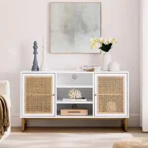 47 Inch Mid Century Modern White TV Stand with Adjustable Shelf, Rattan TV Stands, Entertainment Cabinet, Media Console for Living Room Bedroom Media Room, White Wood Finish & Metal Legs - MadeInUSA