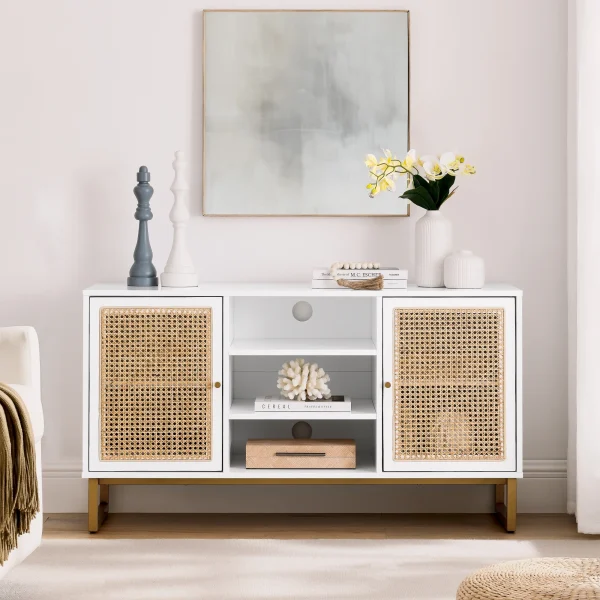 47 Inch Mid Century Modern White TV Stand with Adjustable Shelf, Rattan TV Stands, Entertainment Cabinet, Media Console for Living Room Bedroom Media Room, White Wood Finish & Metal Legs - MadeInUSA