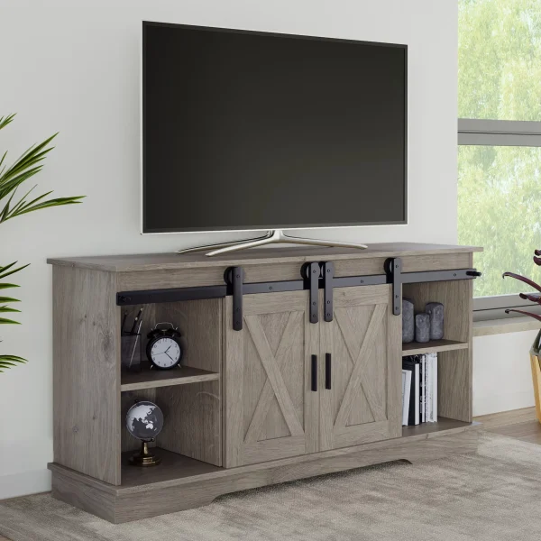 Lavish Home 65-Inch TV Stand with Sliding Barn Doors and Shelves, Gray - MadeInUSA