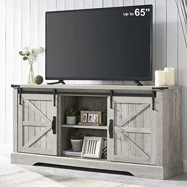 xrboomlife TV Stand for 65+ Inch TV  Modern Farmhouse Entertainment Center with Sliding Barn Door  Wood Rustic Media Console Cabinet with Adjustable  for Living Room  Light Rustic Oak - MadeInUSA