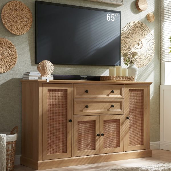 SinCiDo Rattan TV Stand for 65 Inch TVs, 34"Tall Entertainment Center w/Double Large Drawers, Boho Media Console Cabinet w/4 Rattan Door & Adjustable Shelves for Living Room - MadeInUSA