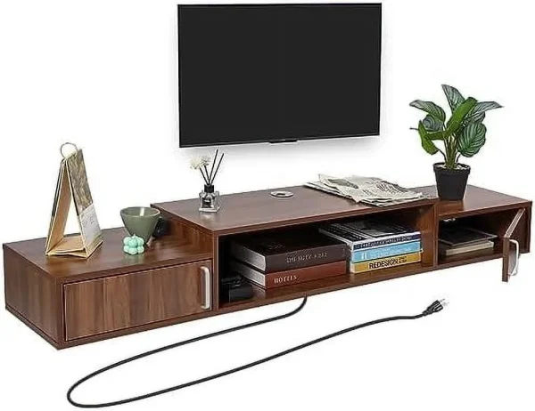 ZWNLKQG Floating TV Stand with Power Outlet  59u201D Wall-Mounted Floating TV  for Under TV  Entertainment Center Modern Media Console with LED Lights for Living Room  Home  Office - MadeInUSA
