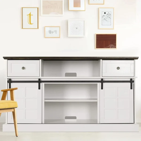 U-SHARE TV Stand for 65 inch TV, White Entertainment Center, Farmhouse TV Stands with Sliding Barn Door, Tall TV Console and Ideal Media Storage with Flip Drawers for Living Room - MadeInUSA - Image 7