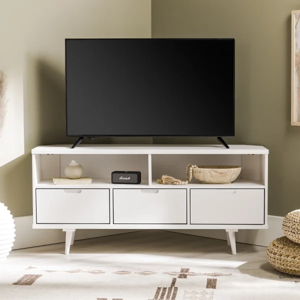 Walker Edison Modern 3-Drawer Solid Wood Corner TV Stand, White - MadeInUSA - Image 2