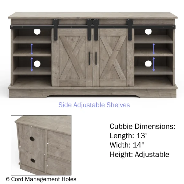 Lavish Home 65-Inch TV Stand with Sliding Barn Doors and Shelves, Gray - MadeInUSA - Image 4