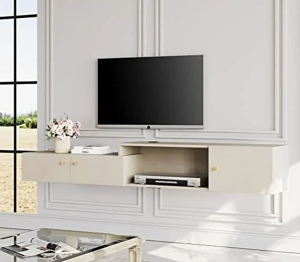 STCVF Floating TV Stand with Charging Station  16 Colors Light Wall Mounted Entertainment Center with   Media Console Center  Modern  Hanging Hutch Component Under TV  70'' - MadeInUSA - Image 7