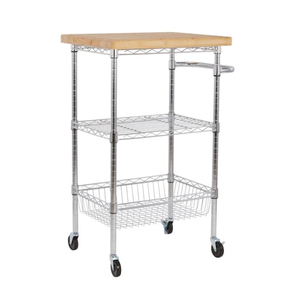 Style Selections Chrome Steel Base with Wood Top Rolling Kitchen Cart 24in x 19.7in x 38in - MadeInUSA - Image 4