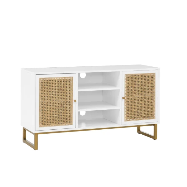 47 Inch Mid Century Modern White TV Stand with Adjustable Shelf, Rattan TV Stands, Entertainment Cabinet, Media Console for Living Room Bedroom Media Room, White Wood Finish & Metal Legs - MadeInUSA - Image 9