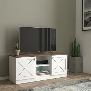 Design Industrial Wooden TV Stands, Entertainment Center, Barndoor Farmhouse with Cable Management and Shelves, White - MadeInUSA