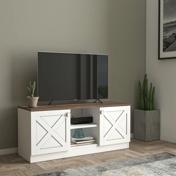Design Industrial Wooden TV Stands, Entertainment Center, Barndoor Farmhouse with Cable Management and Shelves, White - MadeInUSA