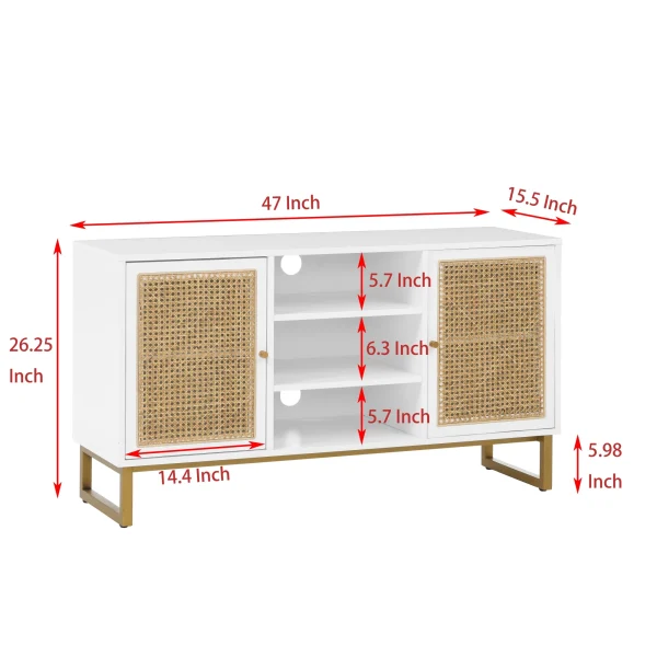 47 Inch Mid Century Modern White TV Stand with Adjustable Shelf, Rattan TV Stands, Entertainment Cabinet, Media Console for Living Room Bedroom Media Room, White Wood Finish & Metal Legs - MadeInUSA - Image 10