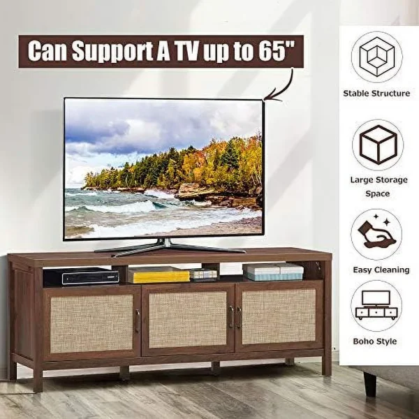 TQNLKGZ Mid-Century Modern TV Stand   Style TV Entertainment Center  TV Console Table w/3 Rattan Doors  Open   Interior Adjustable  Shelves  for TVs up to 65 Inches  Grey Oak - MadeInUSA - Image 7