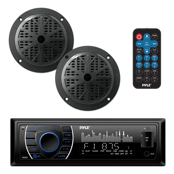Pyle 5.25 Inch Bluetooth Marine Receiver Stereo & Speaker Kit, Black (2 Pack) - MadeInUSA - Image 2