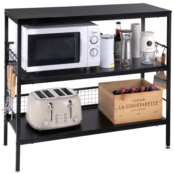 Cheflaud Rolling Kitchen Storage Cart Island with large open shelves and Large Worktop, 3-Tier Kitchen Baker's Rack with 10 Hooks, Stable Steel Structure and Easy Assembly, Rustic Brown - MadeInUSA