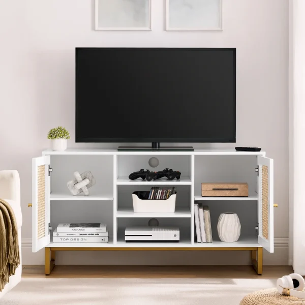 47 Inch Mid Century Modern White TV Stand with Adjustable Shelf, Rattan TV Stands, Entertainment Cabinet, Media Console for Living Room Bedroom Media Room, White Wood Finish & Metal Legs - MadeInUSA - Image 4