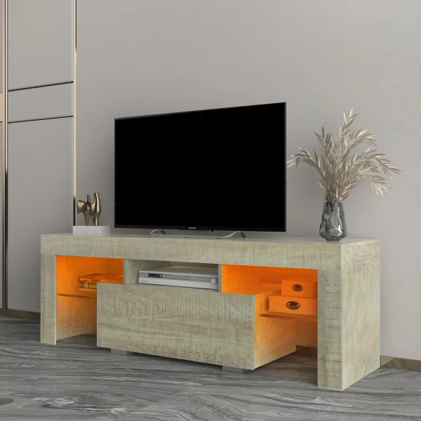 TV Stand with LED RGB Lights,Flat Screen TV Cabinet, Gaming Consoles - in Lounge Room, Living Room and Bedroom,GREY OAK - MadeInUSA