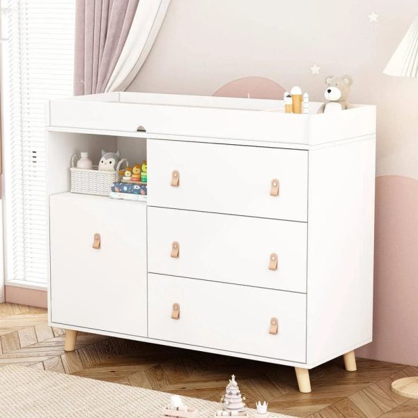 WIAWG White Wood 4-Drawer, 44.9 in. W Wood Chest of Drawers Nursery Storage Organizer with Changing Table Open Shelf - MadeInUSA