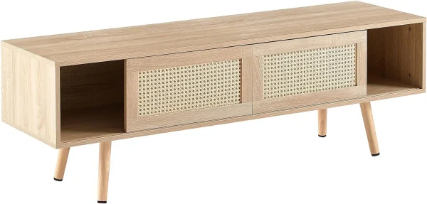 ZWNLKQG TV Stand  Modern Farmhouse Entertainment Center with   Rattan TV Console Sliding Door for   TV Console Table  Media Console Solid Wood Legs  Modern Table for Living Room - MadeInUSA - Image 8