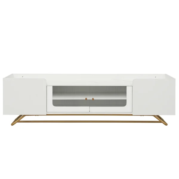 Sleek Design TV Stand with Fluted Glass, Contemporary Entertainment Center for TVs Up to 65", Faux Marble Top TV Console Table with Gold Frame Base, White - MadeInUSA - Image 7