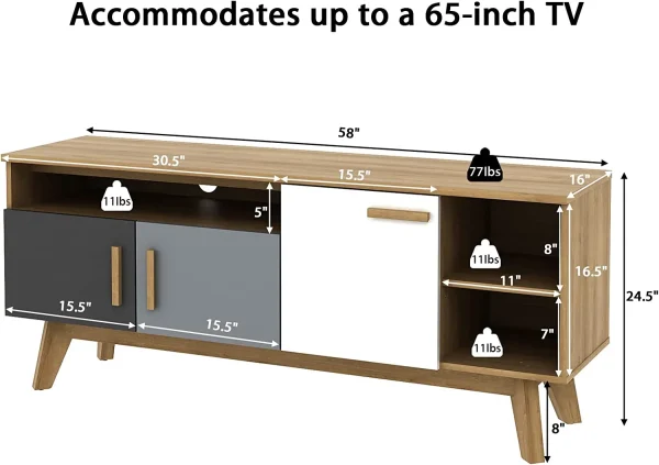Modern TV Stand, Wood TV Console Table for TVs up to 65 Inch, Entertainment Center with 3 Storage Cabinets & 3 Open Shelves, Media Console TV Cabinet for Living Room Bedroom (Natural) - MadeInUSA - Image 4