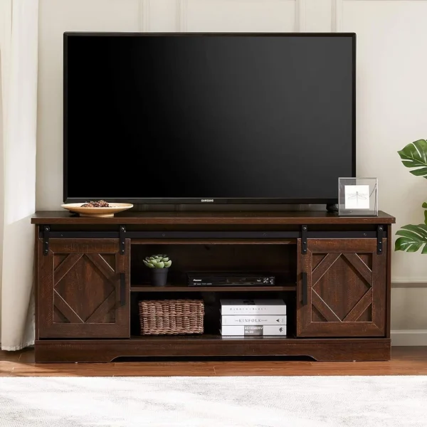 59"Farmhouse TV Stand Modern Sliding Barn Door Entertainment Center for TVs Up to 65 inch, Wood TV Media Console Table Cabinet Storage for Living Room, Rustic Brown - MadeInUSA - Image 2