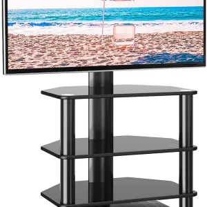 TJBOLIFE Swivel TV Stand with Mount for 32"-70" Flat Screen  Slim Corner Entertainment Floor TV Mount with 4-Tier Tempered Glass Media Shelves  Height Adjustable and Cable Managem - MadeInUSA