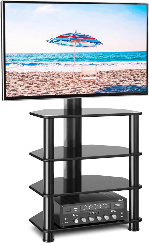 TJBOLIFE Swivel TV Stand with Mount for 32"-70" Flat Screen  Slim Corner Entertainment Floor TV Mount with 4-Tier Tempered Glass Media Shelves  Height Adjustable and Cable Managem - MadeInUSA