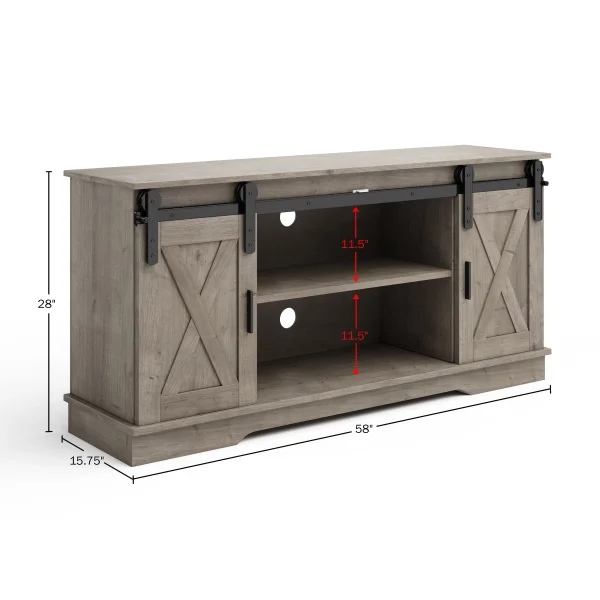 Lavish Home 65-Inch TV Stand with Sliding Barn Doors and Shelves, Gray - MadeInUSA - Image 5