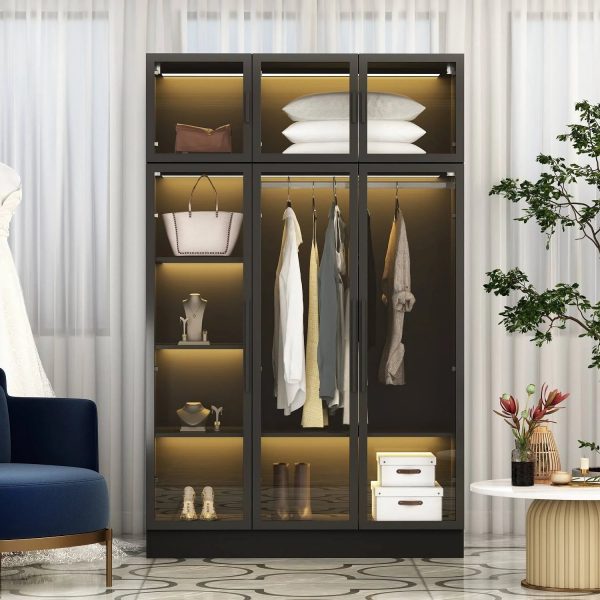 Lighted Modern Glass Door Wardrobe Armoire with Ample Storage - 47.2" Black - MadeInUSA - Image 6