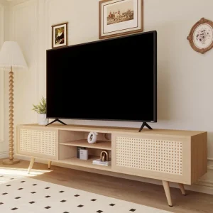 ZWNLKQG TV Stand  Modern Farmhouse Entertainment Center with   Rattan TV Console Sliding Door for   TV Console Table  Media Console Solid Wood Legs  Modern Table for Living Room - MadeInUSA