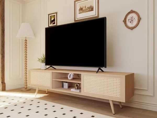 ZWNLKQG TV Stand  Modern Farmhouse Entertainment Center with   Rattan TV Console Sliding Door for   TV Console Table  Media Console Solid Wood Legs  Modern Table for Living Room - MadeInUSA