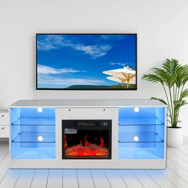 TV Stand With 18 Inch Electric Fireplace Heater,Modern Entertainment Center for TVs Up to 62 Inch With Adjustable Glass Shelves and Storage Cabinets ( White ) - MadeInUSA