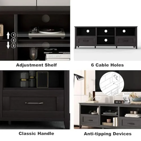 Black 70 in TV Stand for TVs up to 80", Large Classcial TV Cabinet, Modern Entertainment Center with Drawers for 55 65 70 75 inch TV Stand, Wood Cabinet Media Console for Living Room, Bedroom - MadeInUSA - Image 2