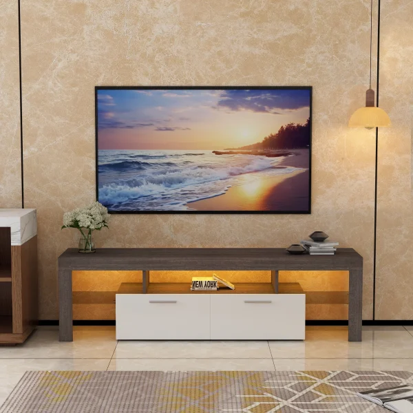 Modern TV Stand for 50 55 65 70 inch TV with 16 Color LED Lights, Brown & White - MadeInUSA - Image 10