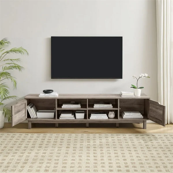 Pemberly Row Contemporary 70"Simple Wood Barndoor TV Stand in Gray - MadeInUSA - Image 7