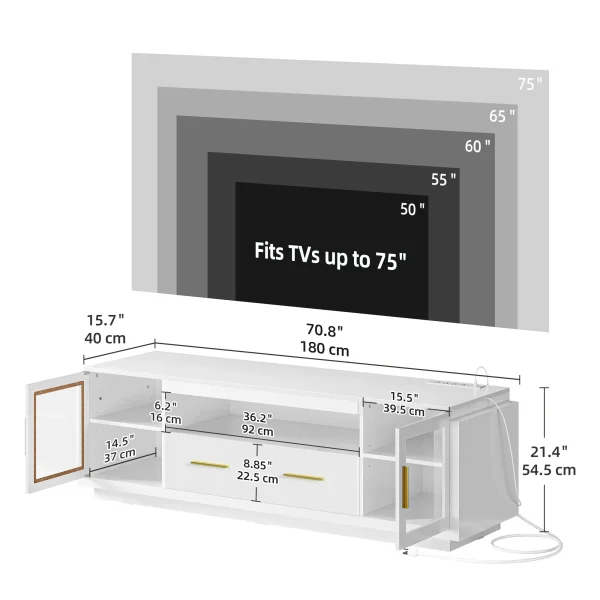DWVO Modern 70"LED TV Stand for TVs up to 75"with Power Outlets for Living Room, White & Gold - MadeInUSA - Image 5