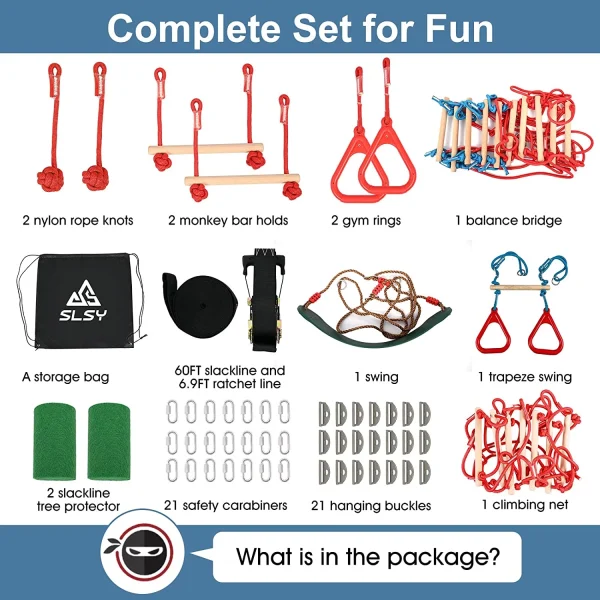 Slsy Ninja Warrior Obstacle Course for Kids, 60ft Ninja Slackline-with 10 Most Complete Accessories,Tree Protectors & Carry Bag Ninja Course for Kids Outside - MadeInUSA - Image 2