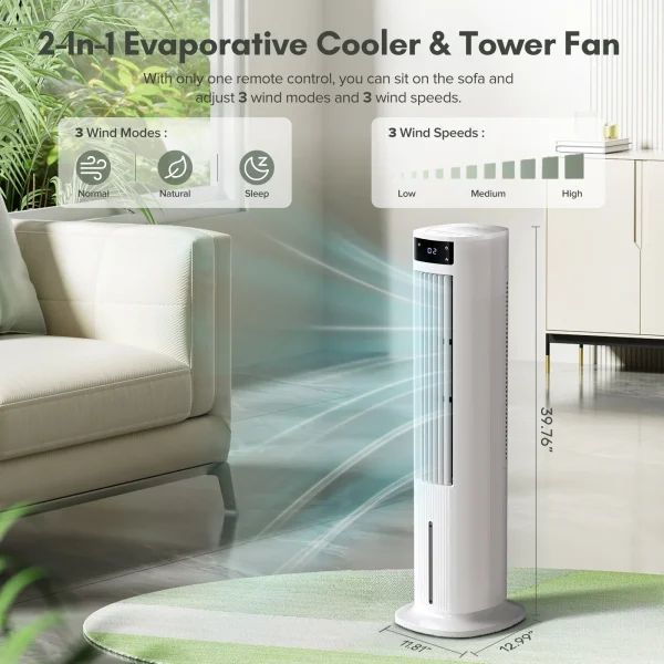 Auseo Tower Fan, 80° Oscillating Standing Fan with 3 Wind Modes & 3 Wind Speeds, Portable Floor Fan with Remote Control, 24H Timer for Office/Living Room/Bedroom-White - MadeInUSA - Image 7
