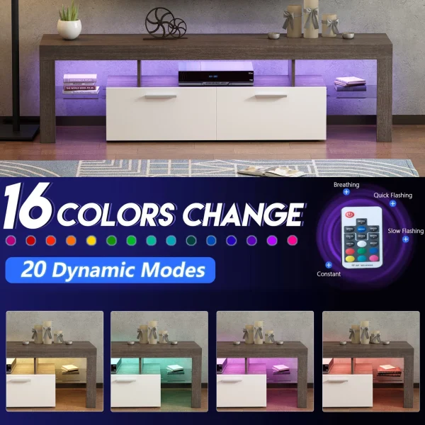 Modern TV Stand for 50 55 65 70 inch TV with 16 Color LED Lights, Brown & White - MadeInUSA - Image 7