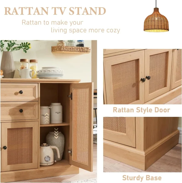 SinCiDo Rattan TV Stand for 65 Inch TVs, 34"Tall Entertainment Center w/Double Large Drawers, Boho Media Console Cabinet w/4 Rattan Door & Adjustable Shelves for Living Room - MadeInUSA - Image 5