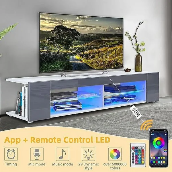 NLTBONNIE LED TV Stand for 65 Inch TVs Modern Low Profile Entertainment Center with LED Lights 57 Inch Small TV Console Media Table with Glass Shelves Hidden Side Bookshelf for Living Roo - MadeInUSA - Image 2
