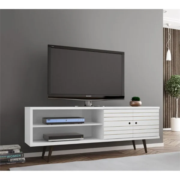 Pemberly Row Mid-Century Solid Wood TV Stand for TVs up to 60"in White - MadeInUSA - Image 2