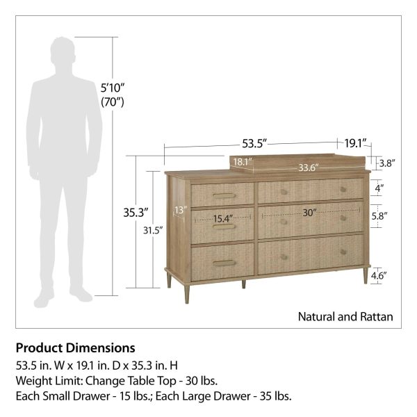 Little Seeds Shiloh Wide 6 Drawer Convertible Dresser and Changing Table - MadeInUSA - Image 4