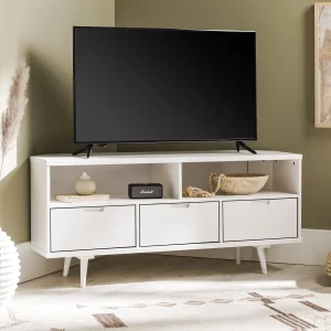 Walker Edison Modern 3-Drawer Solid Wood Corner TV Stand, White - MadeInUSA