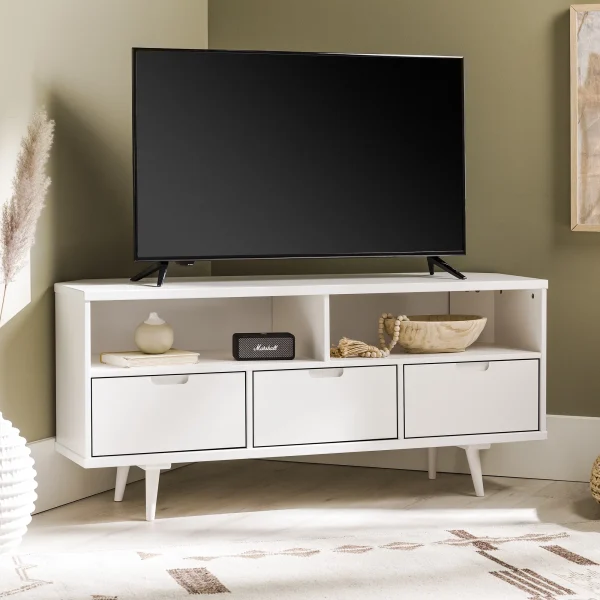 Walker Edison Modern 3-Drawer Solid Wood Corner TV Stand, White - MadeInUSA