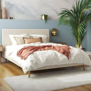 Mr. Kate Daphne Upholstered Modern Platform Bed - Ivory Velvet - Queen - MadeInUSA